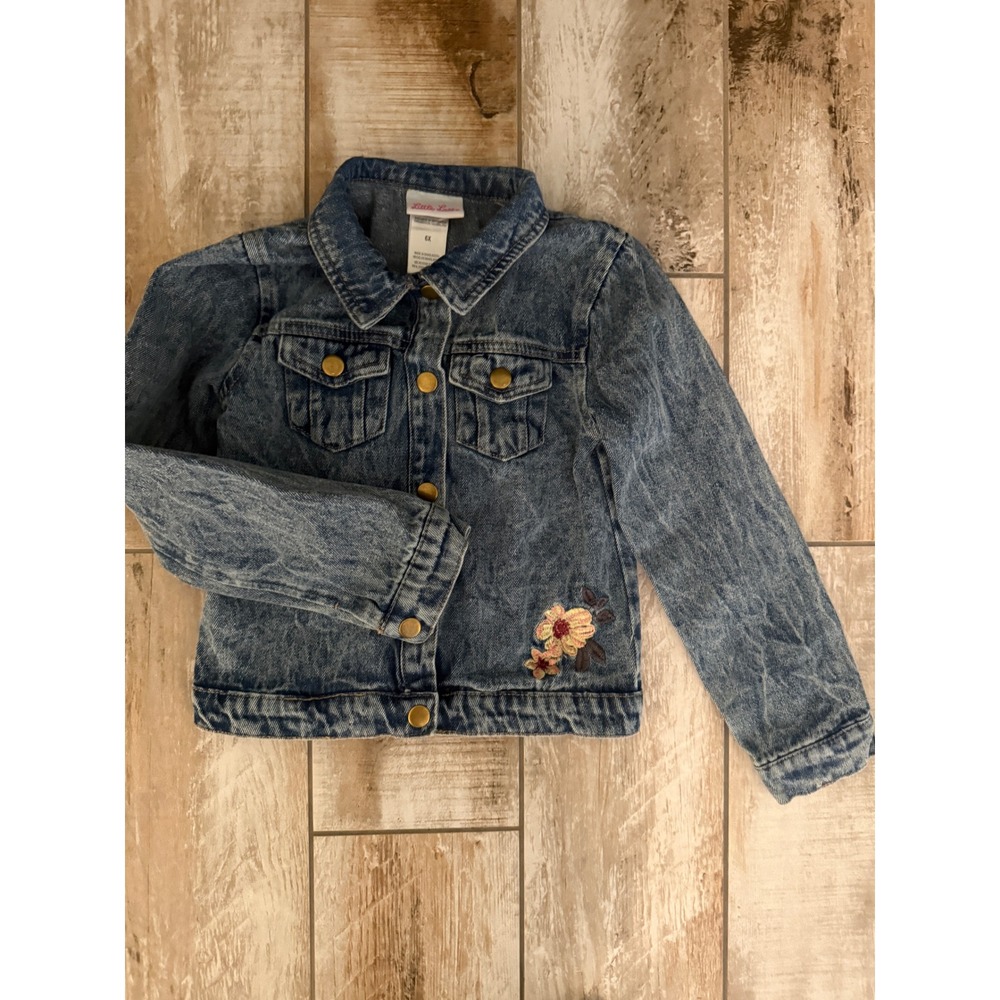 Little Lass Girls Size 6X Acid Wash Denim Jacket Floral Embroidered Blue Trucker
